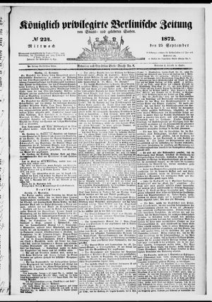 Königlich privilegirte Berlinische Zeitung von Staats- und gelehrten Sachen vom 25.09.1872