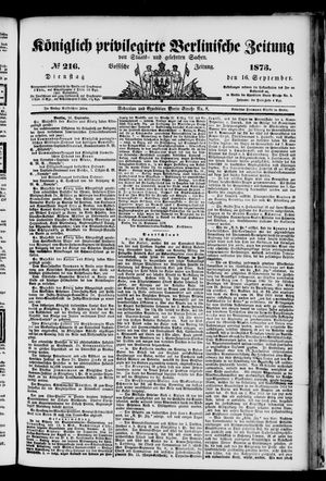 Königlich privilegirte Berlinische Zeitung von Staats- und gelehrten Sachen vom 16.09.1873