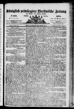 Königlich privilegirte Berlinische Zeitung von Staats- und gelehrten Sachen on Sep 19, 1873