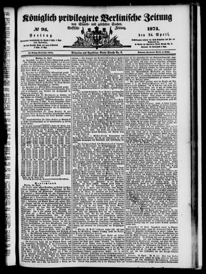 Königlich privilegirte Berlinische Zeitung von Staats- und gelehrten Sachen vom 24.04.1874