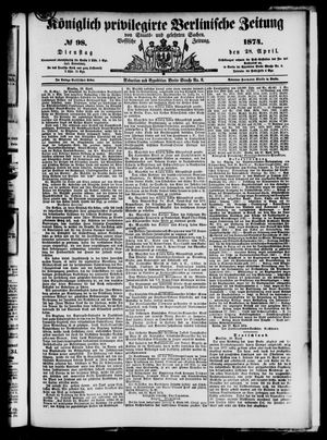 Königlich privilegirte Berlinische Zeitung von Staats- und gelehrten Sachen vom 28.04.1874