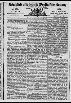 Königlich privilegirte Berlinische Zeitung von Staats- und gelehrten Sachen vom 15.09.1874