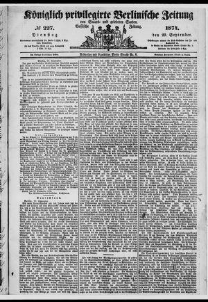 Königlich privilegirte Berlinische Zeitung von Staats- und gelehrten Sachen vom 29.09.1874