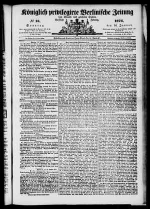 Königlich privilegirte Berlinische Zeitung von Staats- und gelehrten Sachen vom 16.01.1876