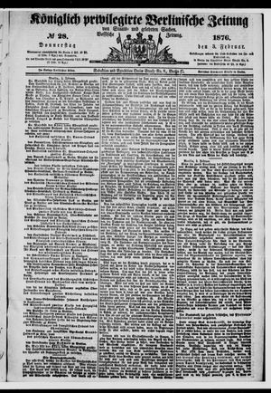 Königlich privilegirte Berlinische Zeitung von Staats- und gelehrten Sachen vom 03.02.1876