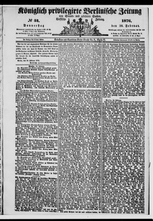 Königlich privilegirte Berlinische Zeitung von Staats- und gelehrten Sachen vom 10.02.1876