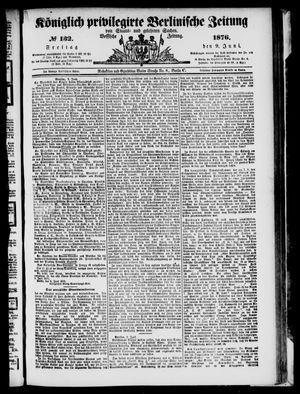 Königlich privilegirte Berlinische Zeitung von Staats- und gelehrten Sachen vom 09.06.1876