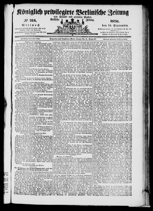 Königlich privilegirte Berlinische Zeitung von Staats- und gelehrten Sachen vom 13.09.1876