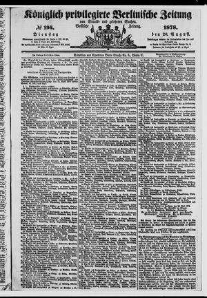 Königlich privilegirte Berlinische Zeitung von Staats- und gelehrten Sachen on Aug 20, 1878
