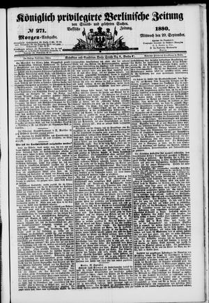 Königlich privilegirte Berlinische Zeitung von Staats- und gelehrten Sachen vom 29.09.1880