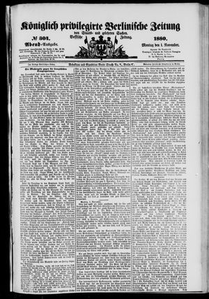 Königlich privilegirte Berlinische Zeitung von Staats- und gelehrten Sachen vom 01.11.1880