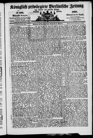 Königlich privilegirte Berlinische Zeitung von Staats- und gelehrten Sachen on Aug 31, 1881