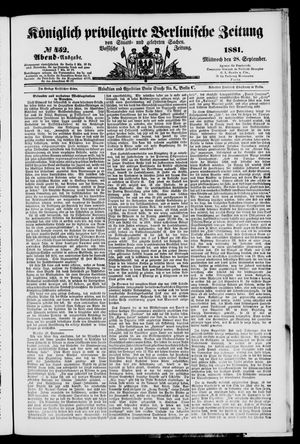 Königlich privilegirte Berlinische Zeitung von Staats- und gelehrten Sachen vom 28.09.1881