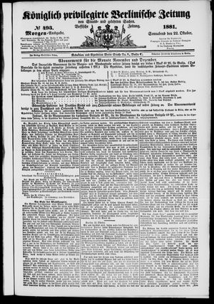 Königlich privilegirte Berlinische Zeitung von Staats- und gelehrten Sachen vom 22.10.1881