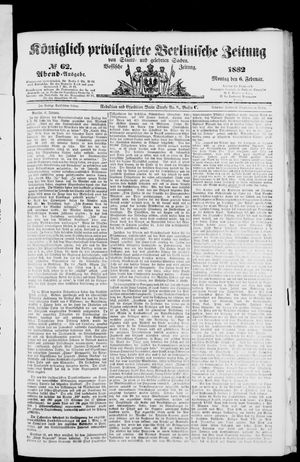 Königlich privilegirte Berlinische Zeitung von Staats- und gelehrten Sachen vom 06.02.1882