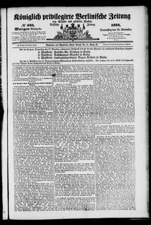 Königlich privilegirte Berlinische Zeitung von Staats- und gelehrten Sachen vom 13.11.1884