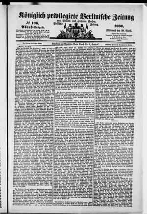 Königlich privilegirte Berlinische Zeitung von Staats- und gelehrten Sachen on Apr 28, 1886