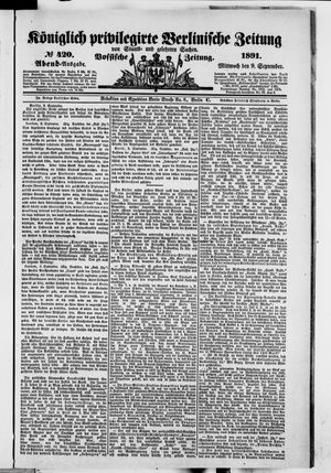 Königlich privilegirte Berlinische Zeitung von Staats- und gelehrten Sachen vom 09.09.1891