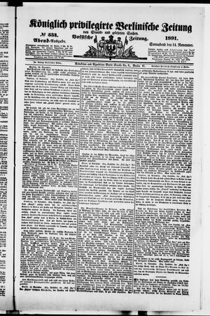 Königlich privilegirte Berlinische Zeitung von Staats- und gelehrten Sachen vom 14.11.1891