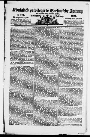 Königlich privilegirte Berlinische Zeitung von Staats- und gelehrten Sachen vom 09.12.1891