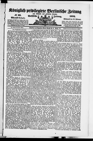 Königlich privilegirte Berlinische Zeitung von Staats- und gelehrten Sachen vom 10.02.1892