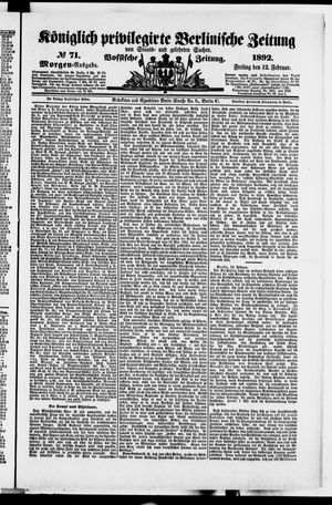 Königlich privilegirte Berlinische Zeitung von Staats- und gelehrten Sachen vom 12.02.1892