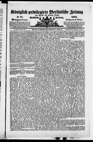 Königlich privilegirte Berlinische Zeitung von Staats- und gelehrten Sachen vom 16.02.1892