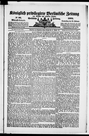 Königlich privilegirte Berlinische Zeitung von Staats- und gelehrten Sachen on Feb 25, 1892