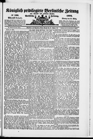 Königlich privilegirte Berlinische Zeitung von Staats- und gelehrten Sachen vom 21.03.1892