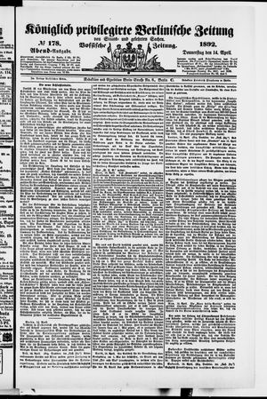 Königlich privilegirte Berlinische Zeitung von Staats- und gelehrten Sachen vom 14.04.1892
