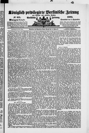 Königlich privilegirte Berlinische Zeitung von Staats- und gelehrten Sachen on Sep 3, 1892
