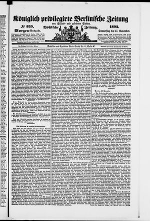 Königlich privilegirte Berlinische Zeitung von Staats- und gelehrten Sachen vom 17.11.1892