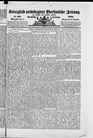 Königlich privilegirte Berlinische Zeitung von Staats- und gelehrten Sachen vom 21.11.1892