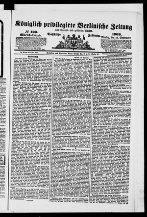 Königlich privilegirte Berlinische Zeitung von Staats- und gelehrten Sachen vom 13.09.1909