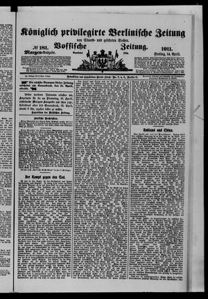 Königlich privilegirte Berlinische Zeitung von Staats- und gelehrten Sachen on Apr 14, 1911