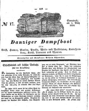 Danziger Dampfboot für Geist, Humor, Satire, Poesie, Welt- und Volksleben, Korrespondenz, Kunst, Literatur und Theater on Mar 1, 1834