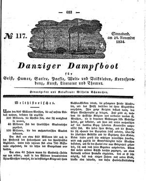 Danziger Dampfboot für Geist, Humor, Satire, Poesie, Welt- und Volksleben, Korrespondenz, Kunst, Literatur und Theater on Nov 29, 1834