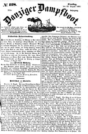 Danziger Dampfboot für Geist, Humor, Satire, Poesie, Welt- und Volksleben, Korrespondenz, Kunst, Literatur und Theater on Aug 12, 1851