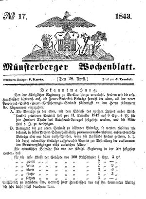 Münsterberger Wochenblatt on Apr 28, 1843