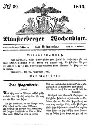 Münsterberger Wochenblatt on Sep 29, 1843