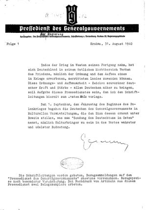 Pressedienst des Generalgouvernements / Pressechef der Regierung des Generalgouvernements vom 31.08.1940