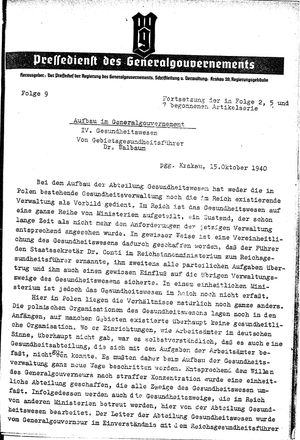 Pressedienst des Generalgouvernements / Pressechef der Regierung des Generalgouvernements vom 15.10.1940