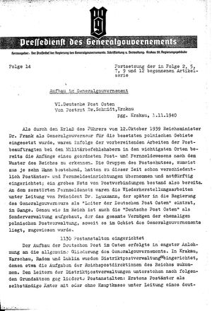 Pressedienst des Generalgouvernements / Pressechef der Regierung des Generalgouvernements vom 01.11.1940