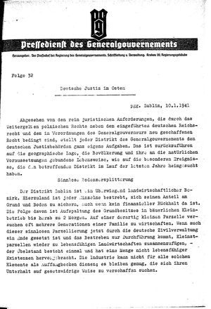 Pressedienst des Generalgouvernements / Pressechef der Regierung des Generalgouvernements vom 10.01.1941