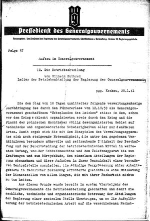 Pressedienst des Generalgouvernements / Pressechef der Regierung des Generalgouvernements vom 28.01.1941