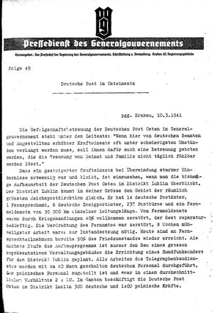 Pressedienst des Generalgouvernements / Pressechef der Regierung des Generalgouvernements vom 10.03.1941