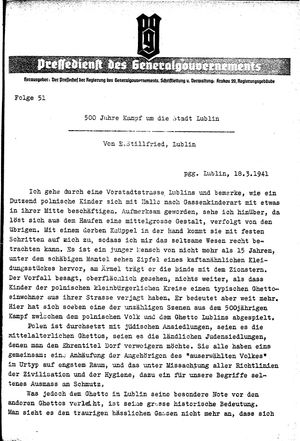 Pressedienst des Generalgouvernements / Pressechef der Regierung des Generalgouvernements vom 18.03.1941