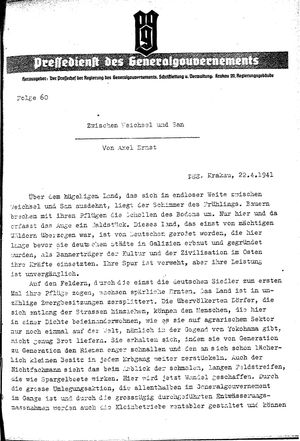 Pressedienst des Generalgouvernements / Pressechef der Regierung des Generalgouvernements vom 22.04.1941