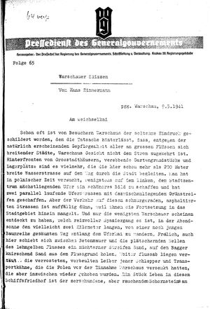 Pressedienst des Generalgouvernements / Pressechef der Regierung des Generalgouvernements vom 09.05.1941
