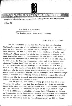 Pressedienst des Generalgouvernements / Pressechef der Regierung des Generalgouvernements vom 27.05.1941